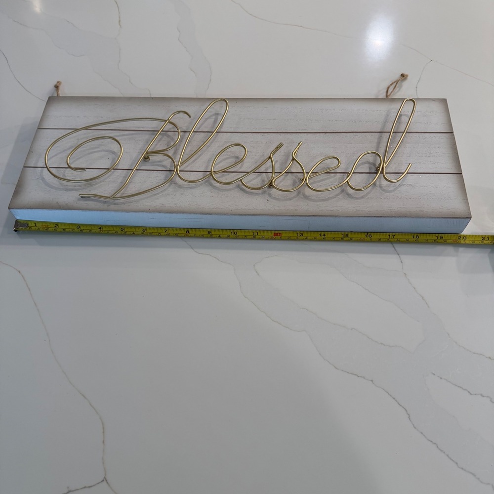 Blessed Wood Wall Sign Gold Wire Script Distressed White Farmhouse Decor 20x7.5 - Picture 3 of 9